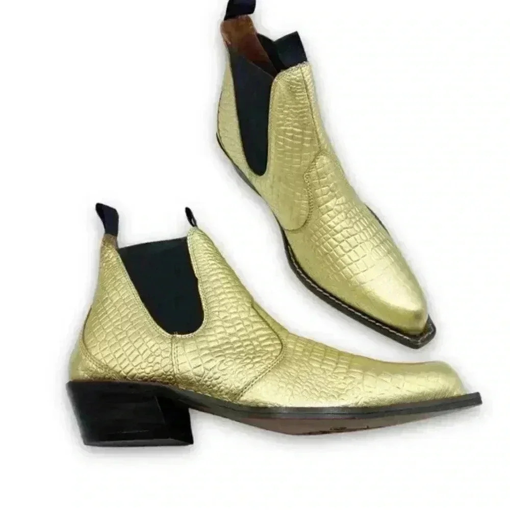FREE PEOPLE Gold Croc Embossed Beau Western Chelsea Boot Ankle Booties